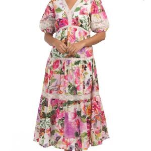 NWT Cotton Voile Floral Dress With Crochet Detail Fully Lined Size US XL